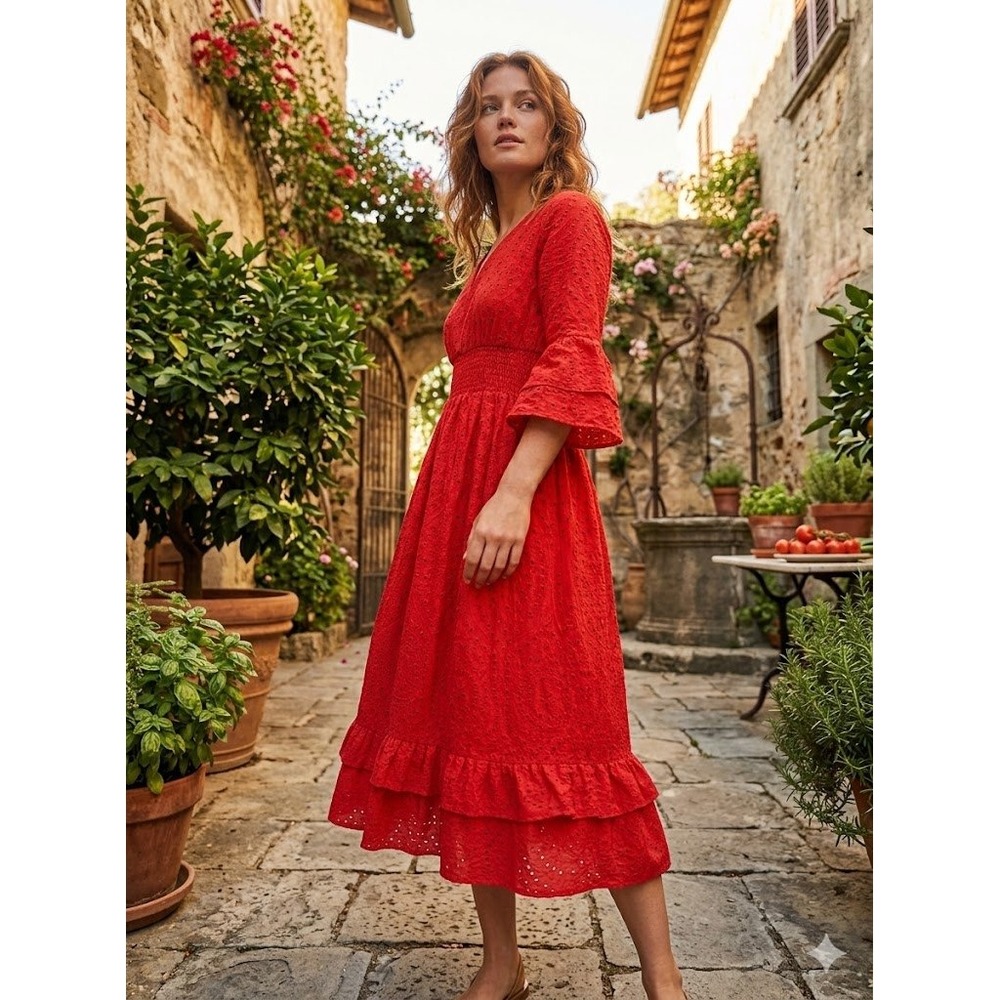 Red Eyelet Lace Midi Dress Smocked Waist Bell Sleeve S Cottagecore Bohemian
